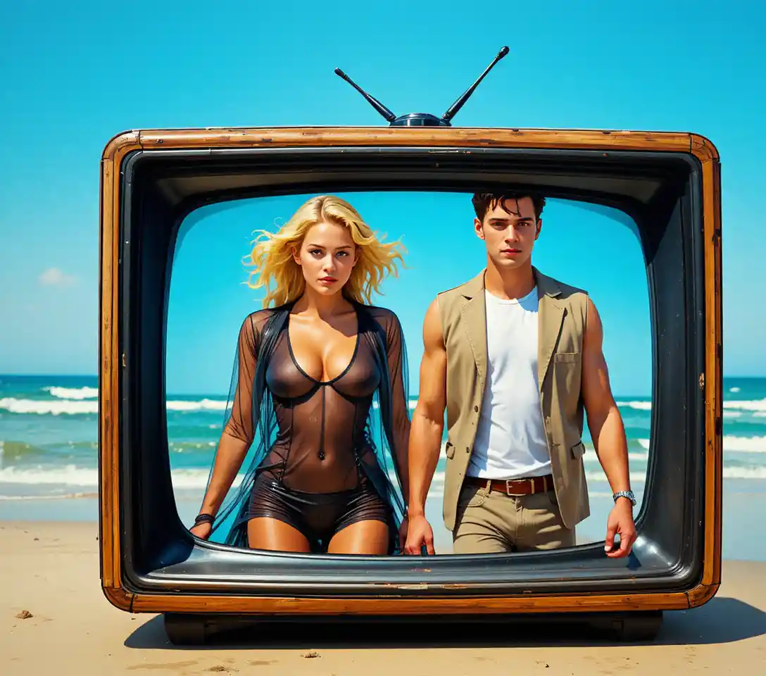 Athletic couple walking by the ocean on a sunny beach