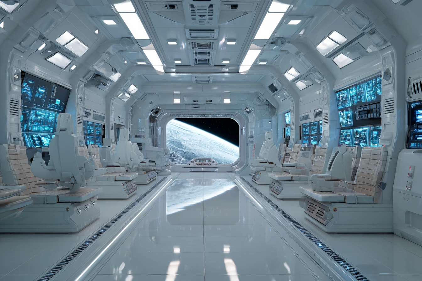 Futuristic women soldiers in a bright spaceship control lab