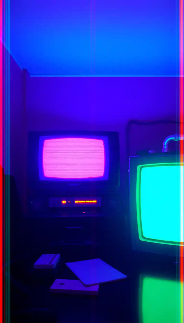 Neon VHS aesthetic with glitchy low resolution static