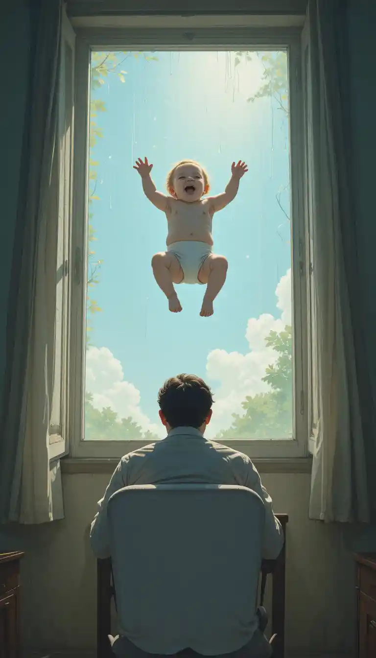 Dramatic 2D illustration of baby falling toward man below