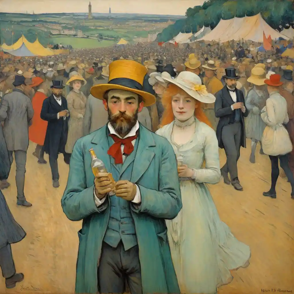 Crowded outdoor music festival in bold poster painting style