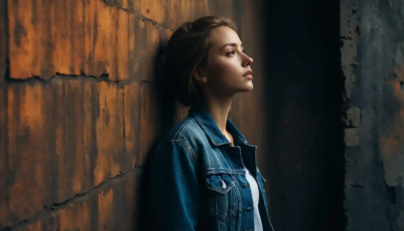 Young woman in shadow against a rusted wall