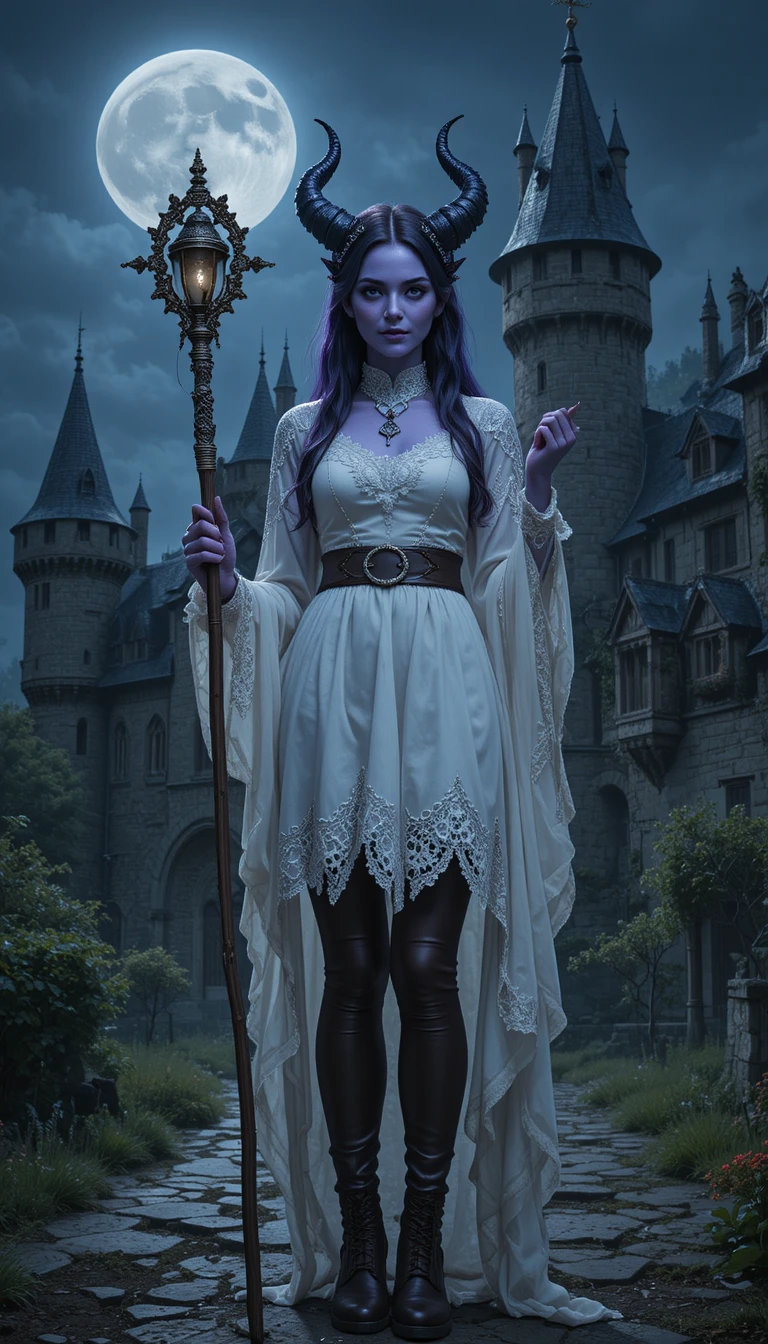 Purple horned girl with staff before medieval castle