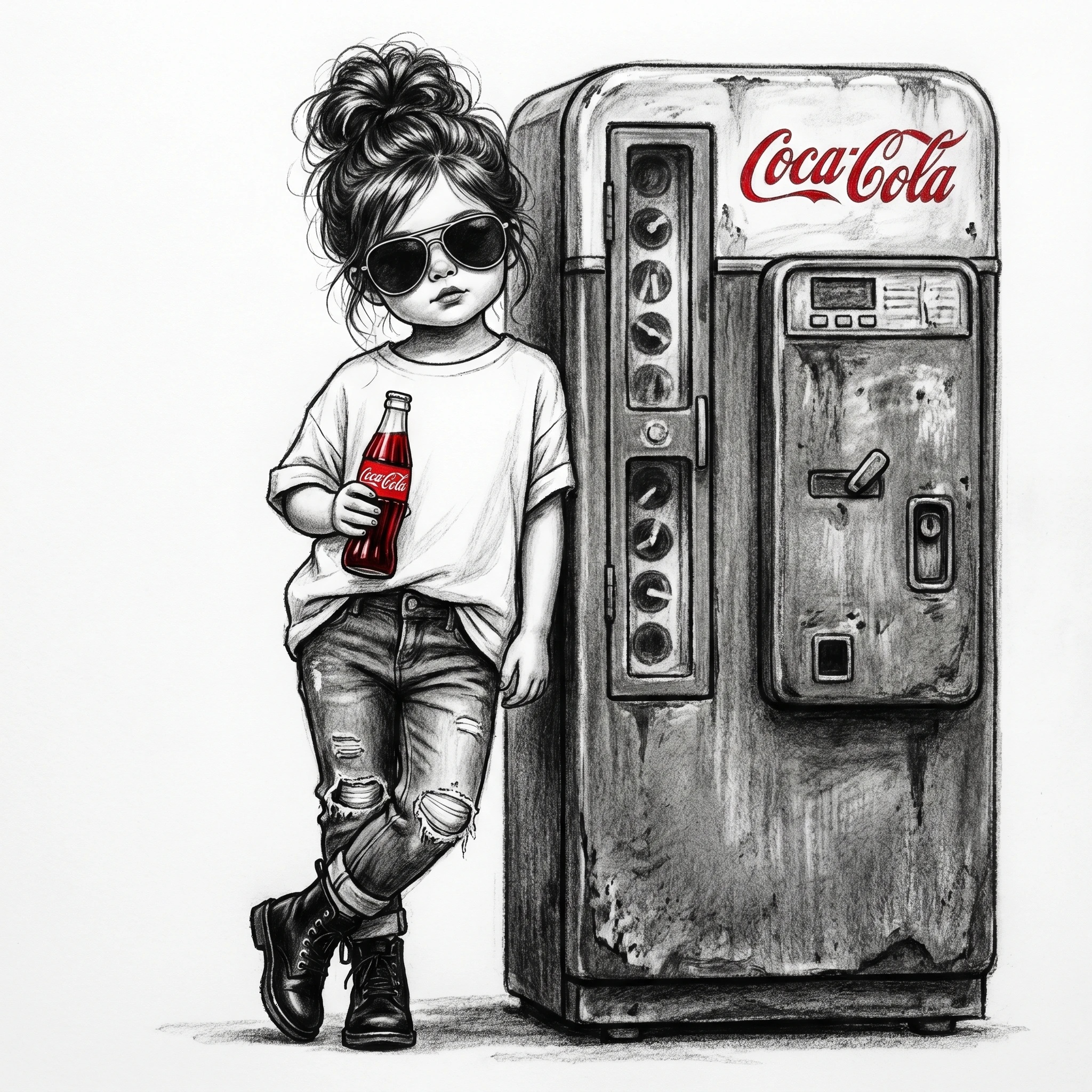 Stylized girl with sunglasses by vintage soda machine