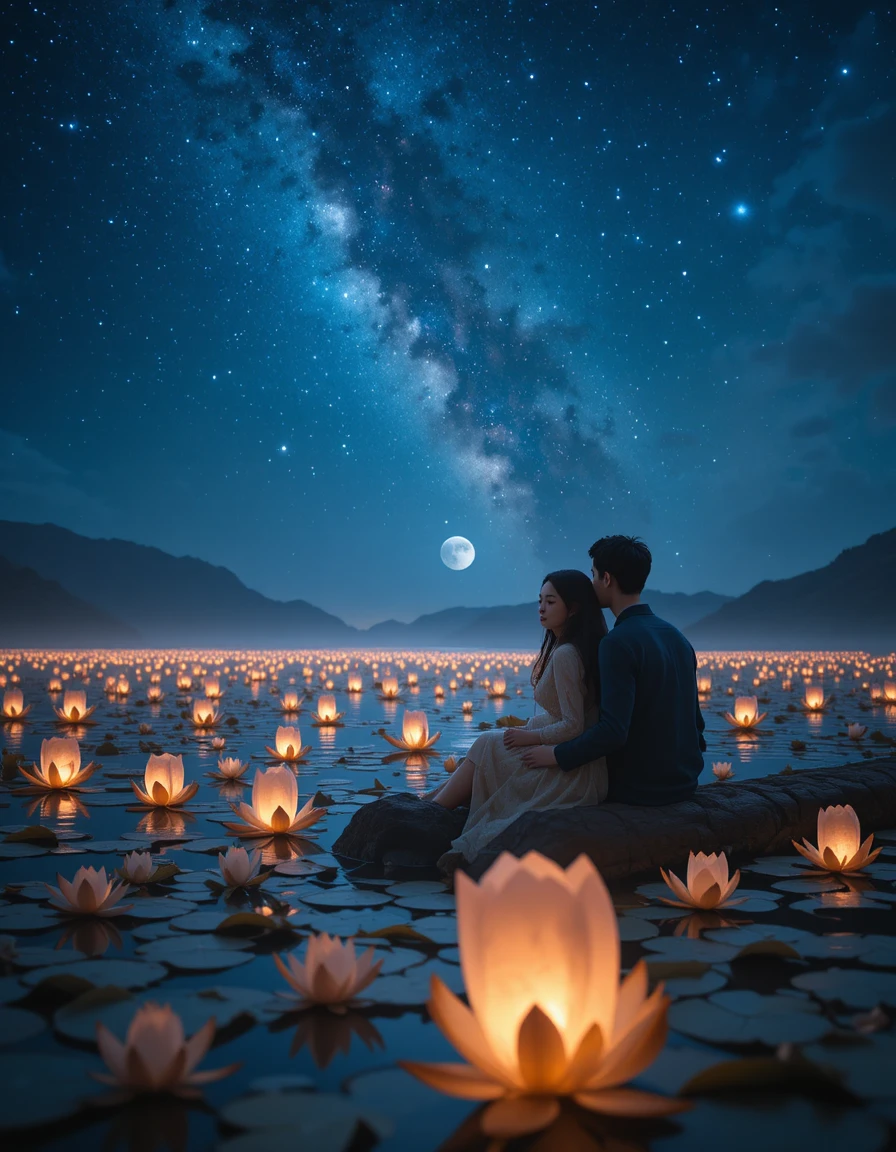 Romantic couple by a magical night lake under starry sky
