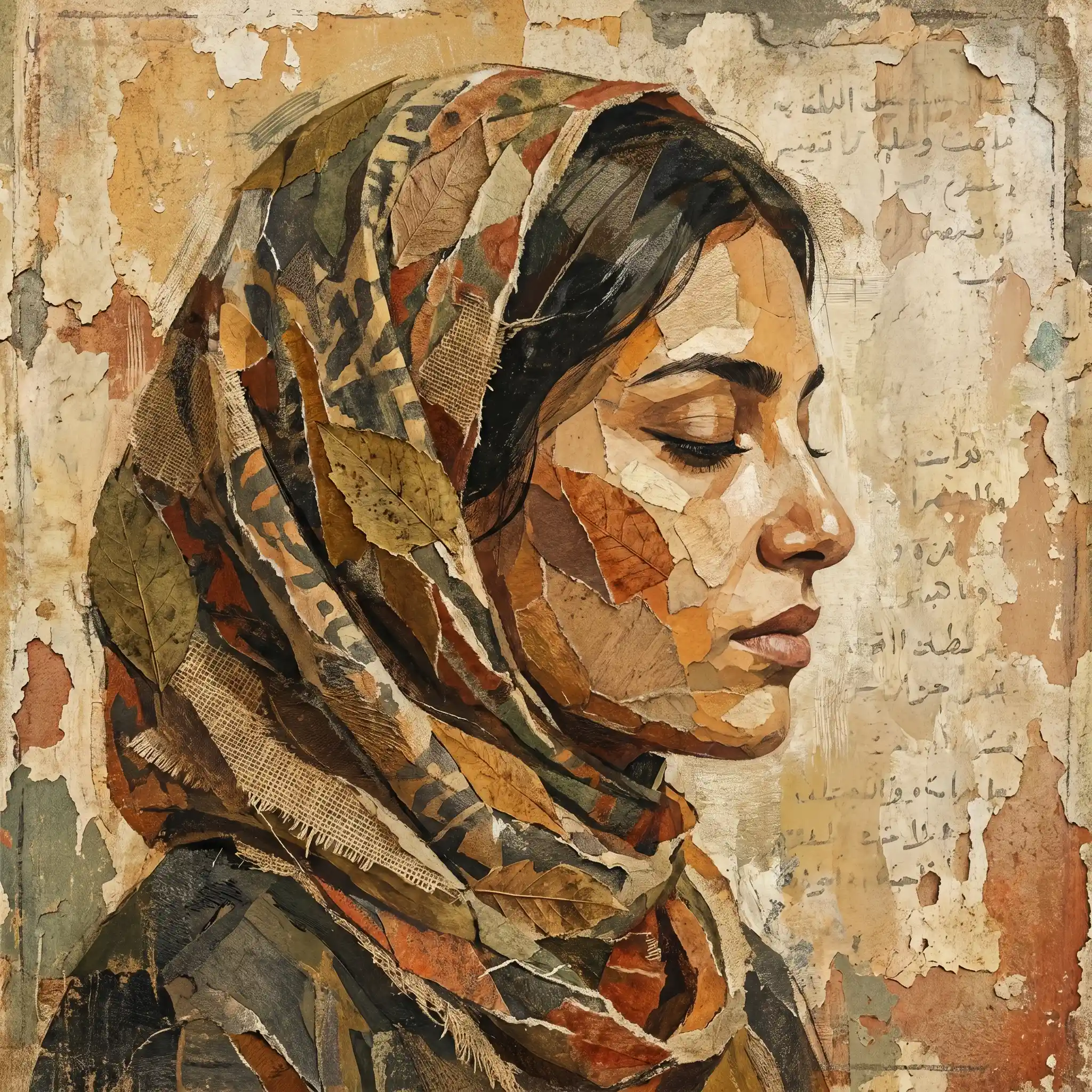 Serene woman in headscarf rendered as torn paper collage