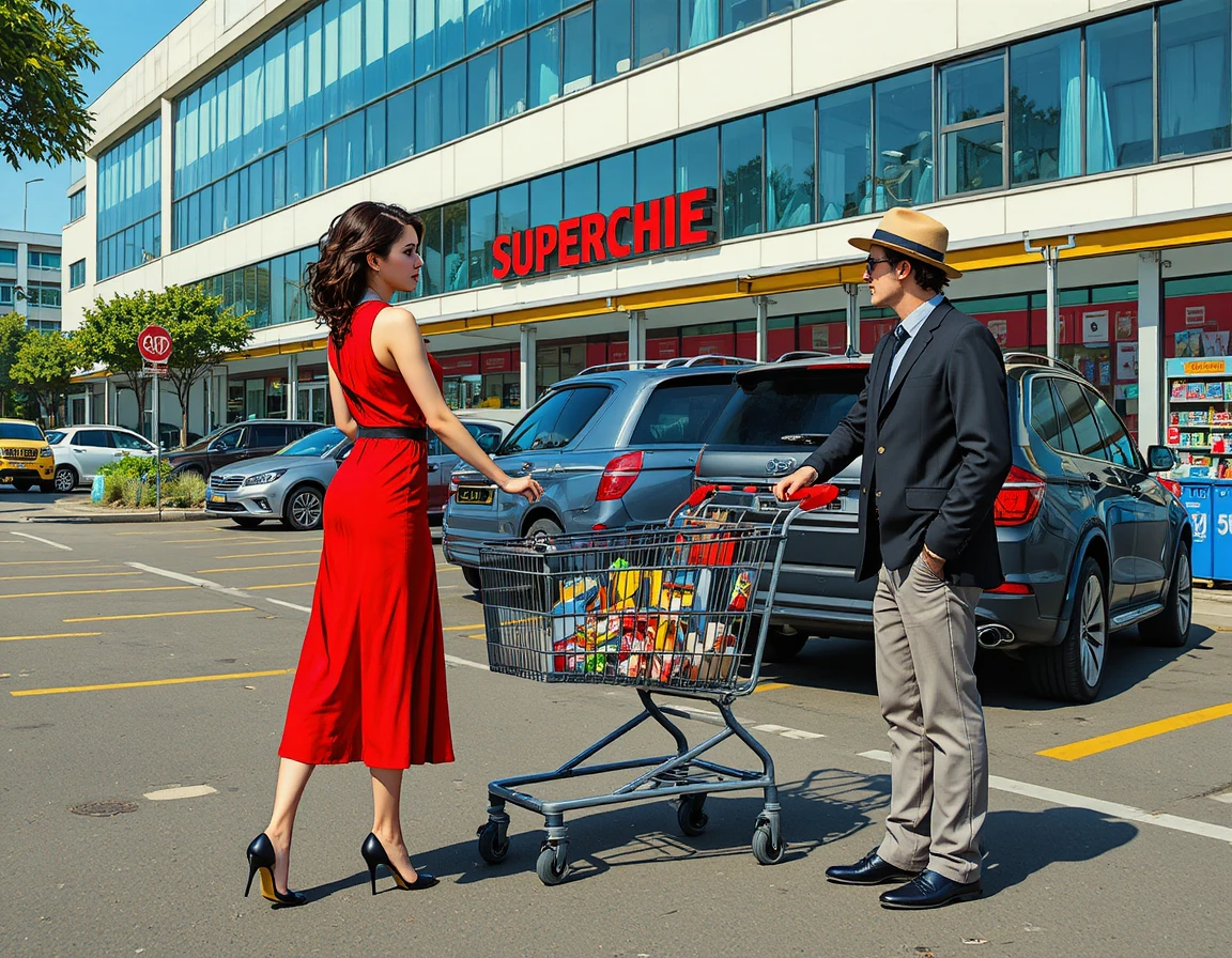 Asian woman in red dress by supermarket parking cart