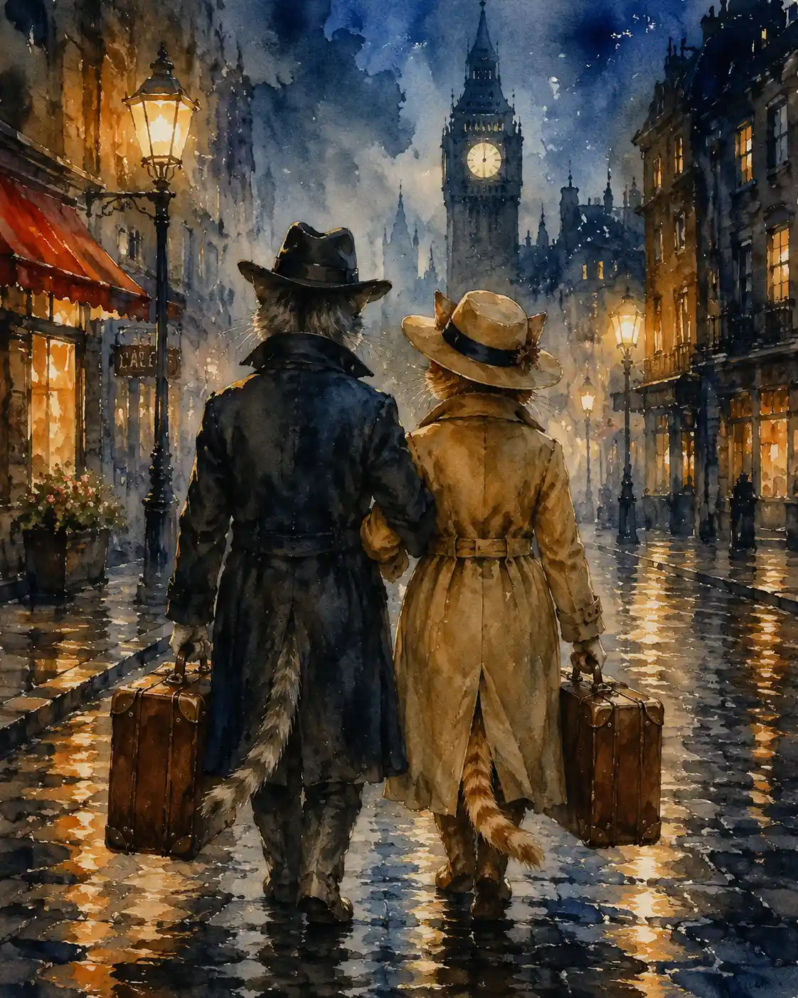Anthropomorphic cats in vintage clothes on a rainy street