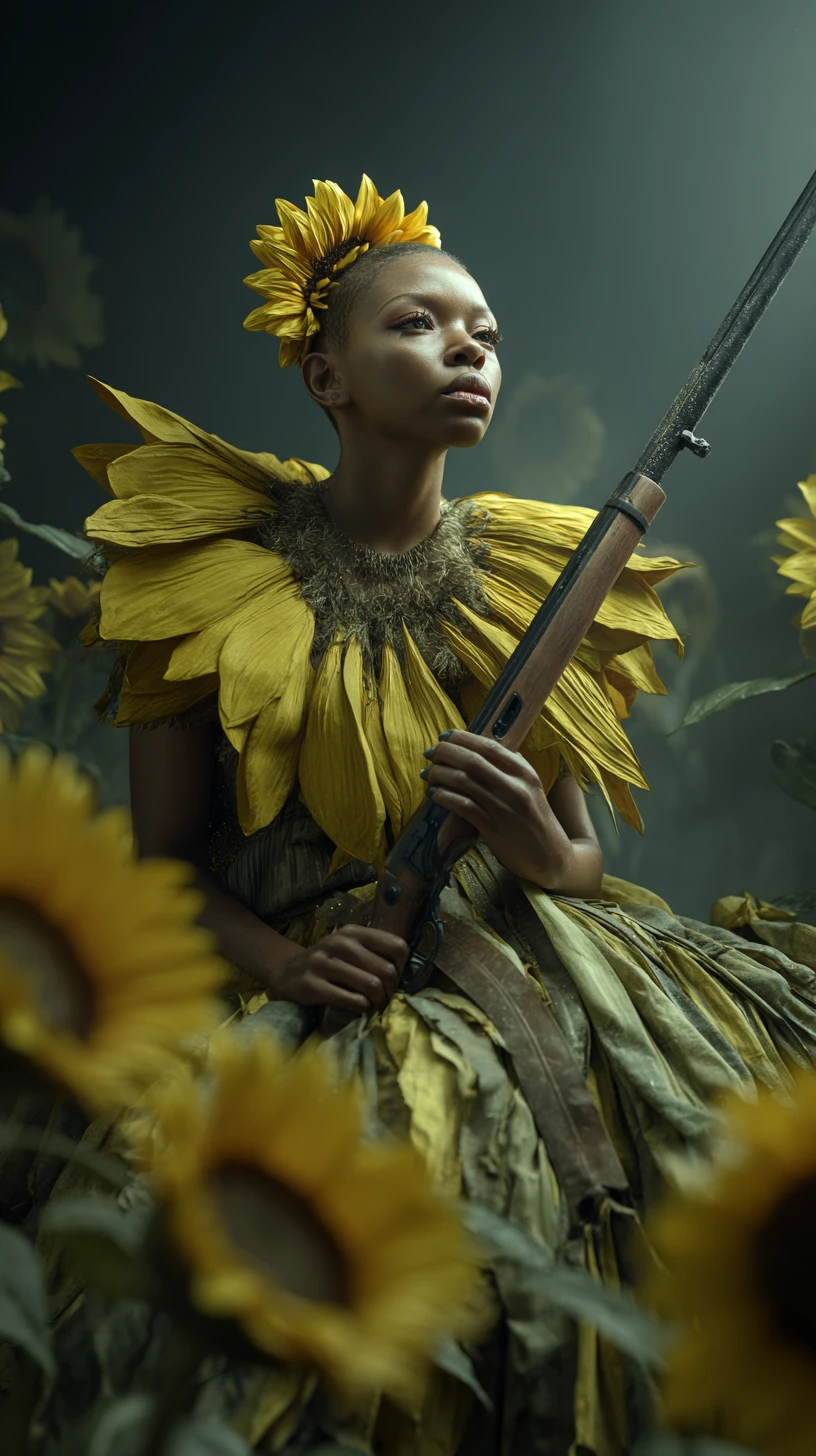 Guerrière afrofuturiste avec fusil-tournesol dans un monde surréaliste