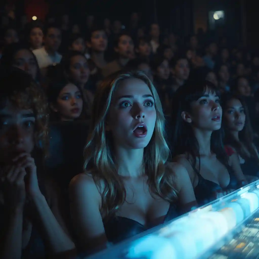 Terrified women in a dark cinema lit by screen glow