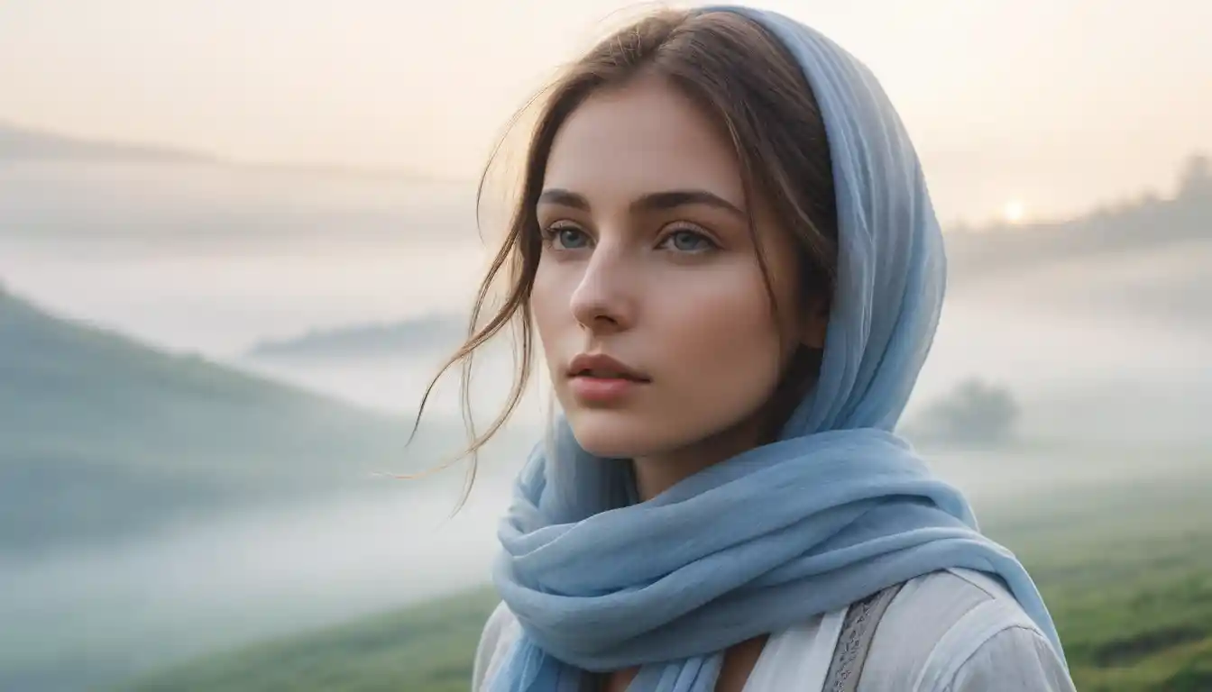 Young woman in blue scarf standing in morning mist