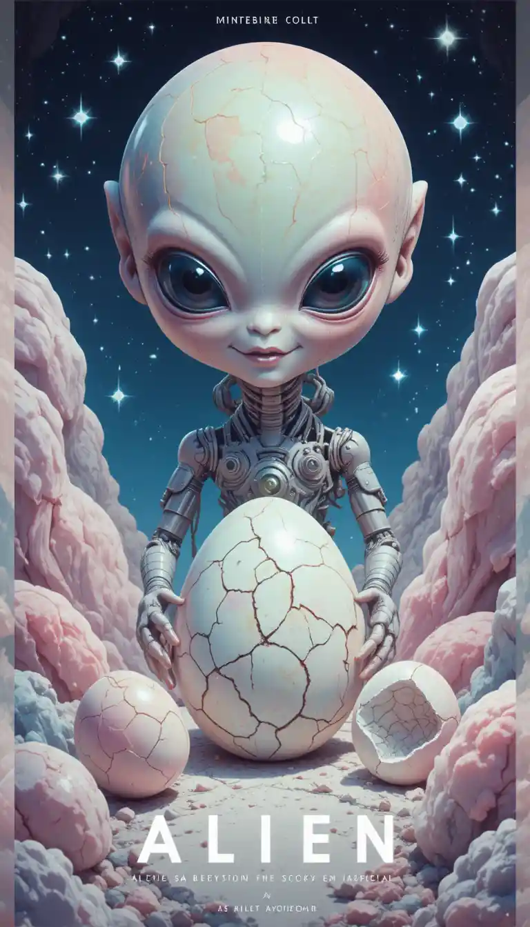 Cute pastel alien movie poster with stars and eggs