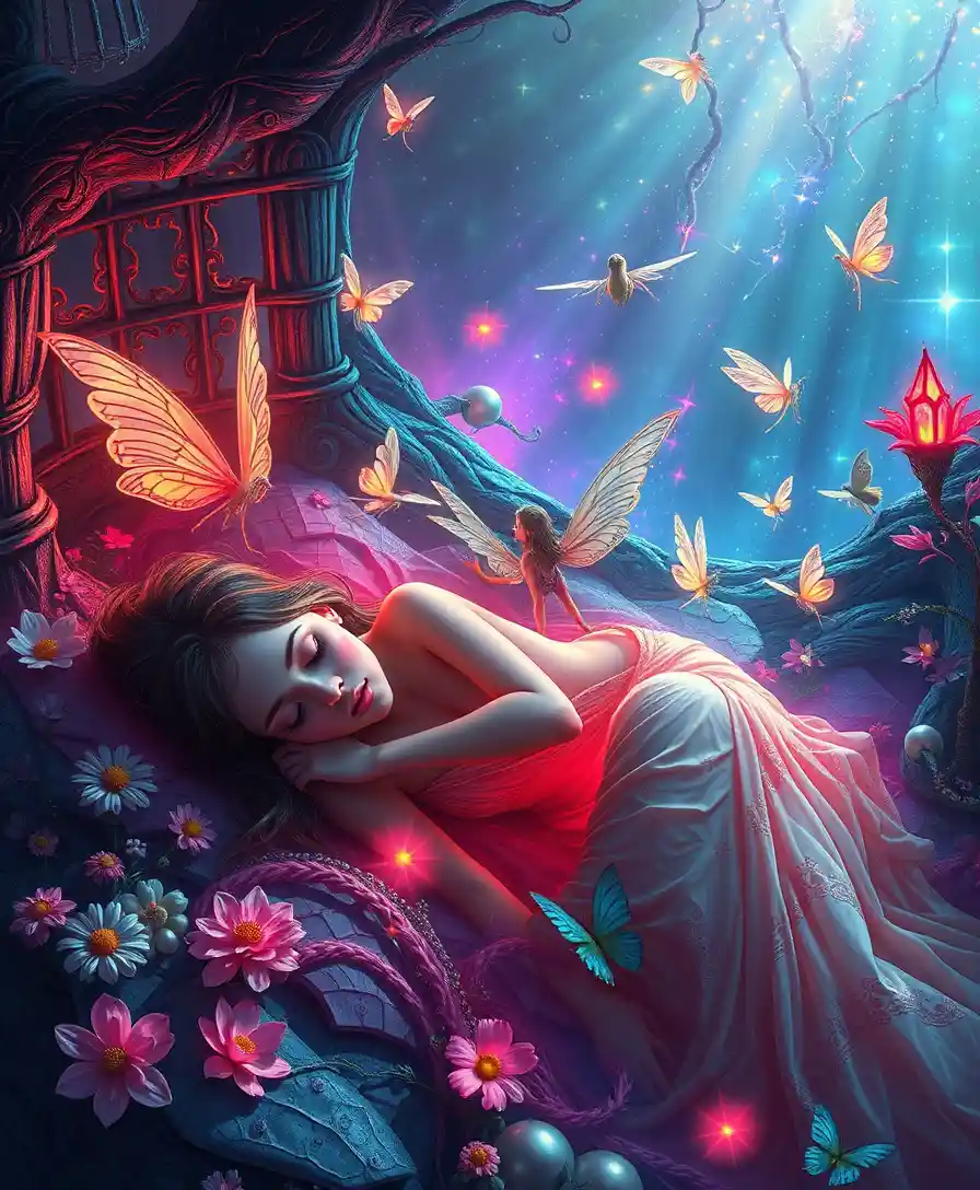 Ethereal fairies resting in a glowing popsurreal forest