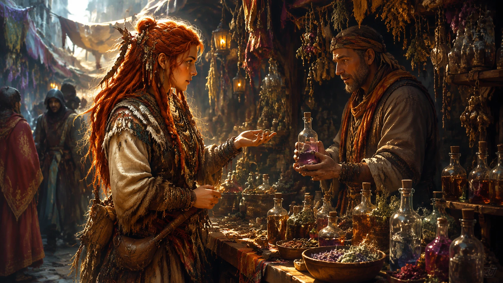Red haired shaman buying potions at a busy street market