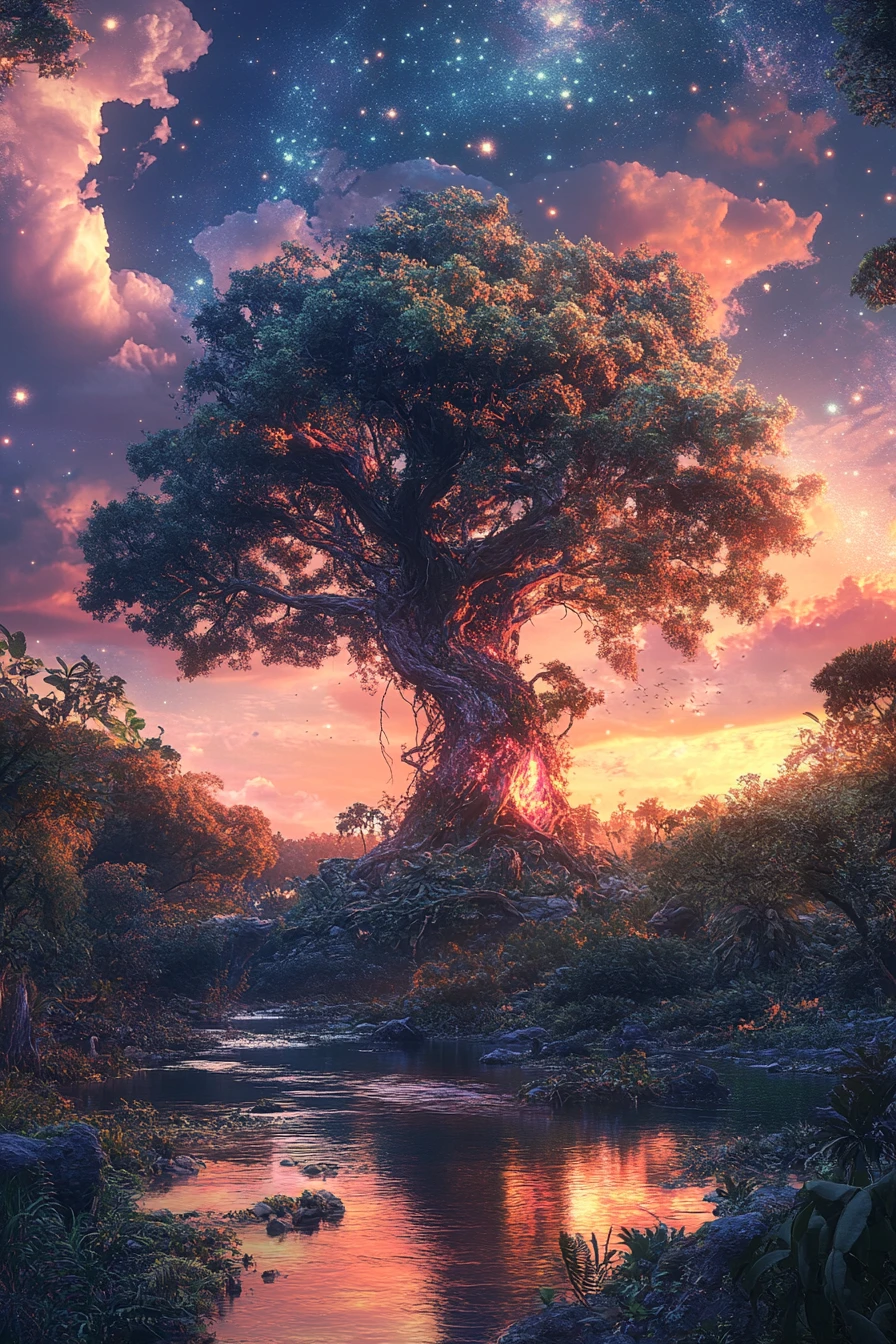 Giant mystical tree rising over a lush river forest