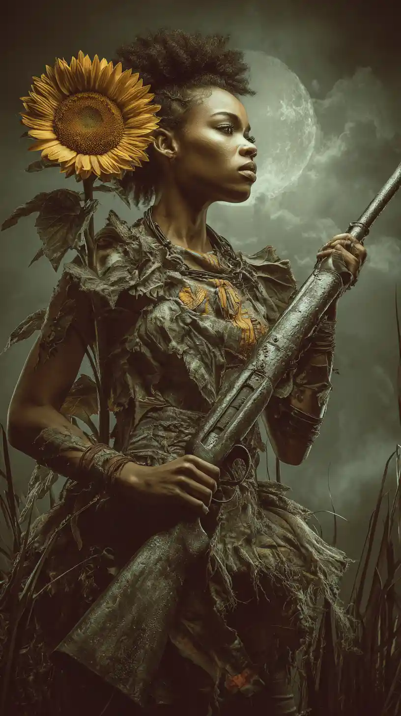 Afrofuturistic woman warrior aiming a giant sunflower rifle