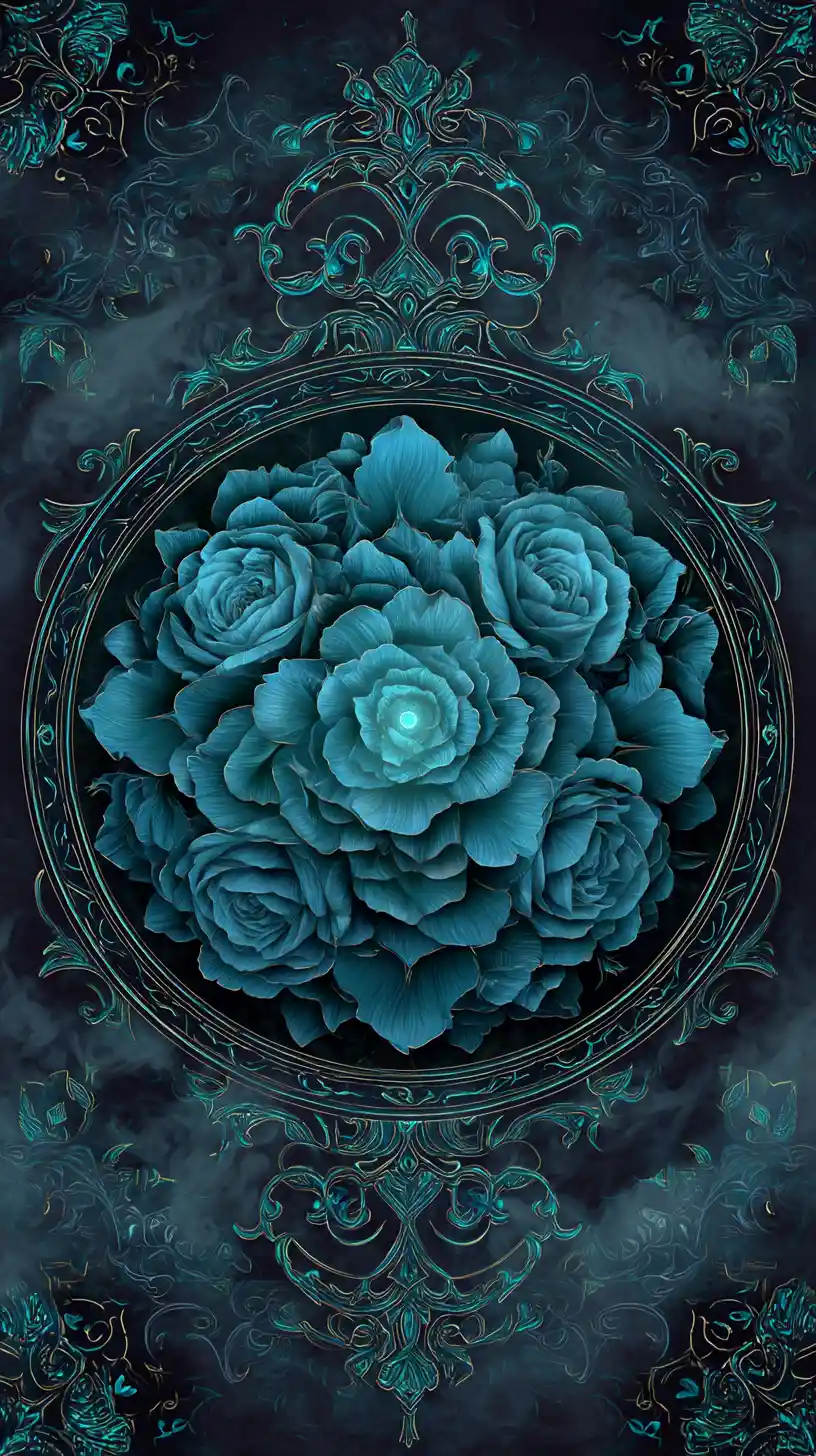 Teal Rose Mandala With Glowing Center On Dark Background