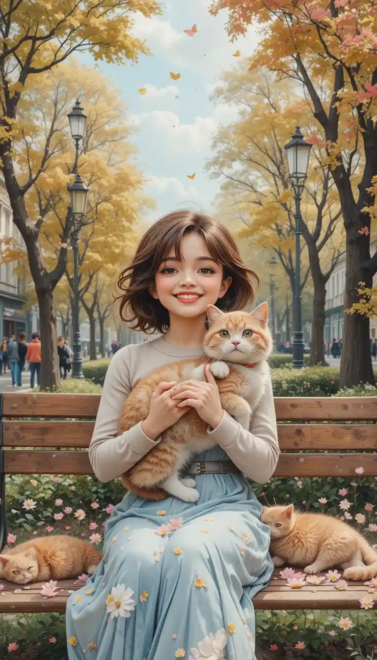 Girl walking her cat through a sunny Paris city park