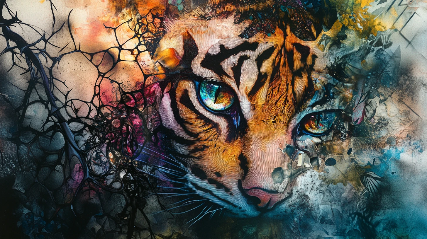 Surreal cat portrait on thorny abstract canvas with tiger pattern