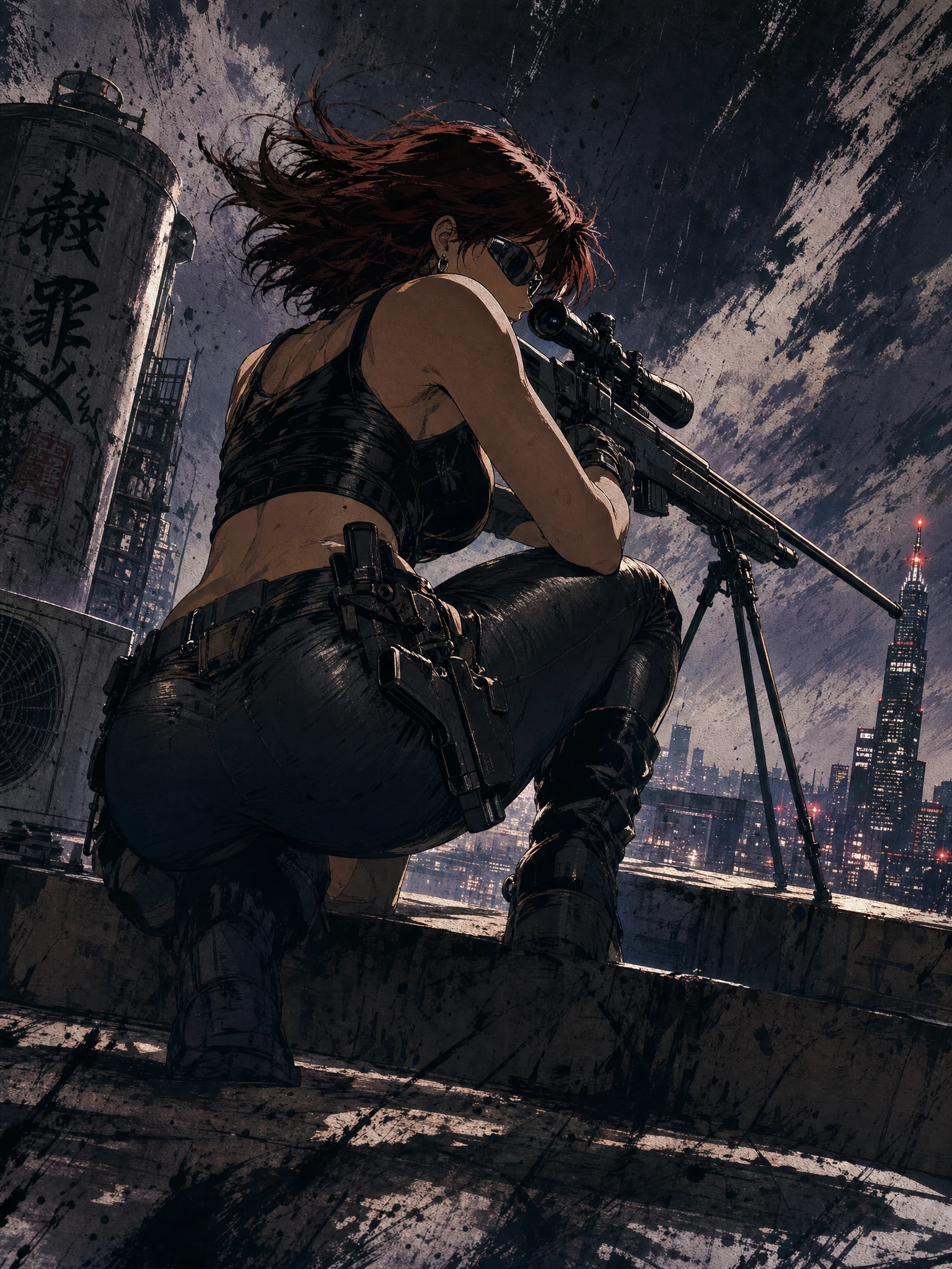 Anime sniper woman aiming from a dark city rooftop