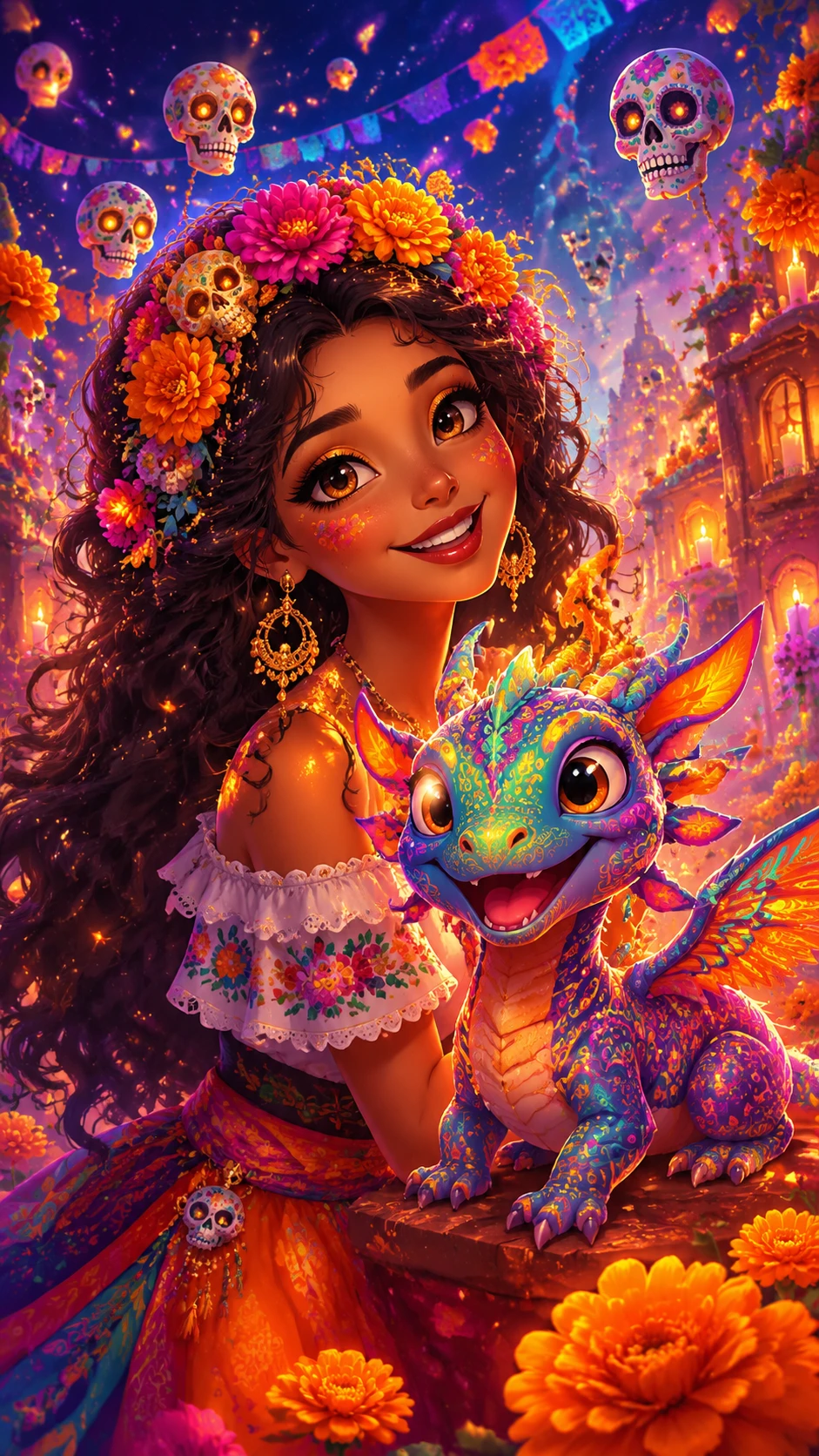 Joyful Mexican woman with baby dragon at colorful festival