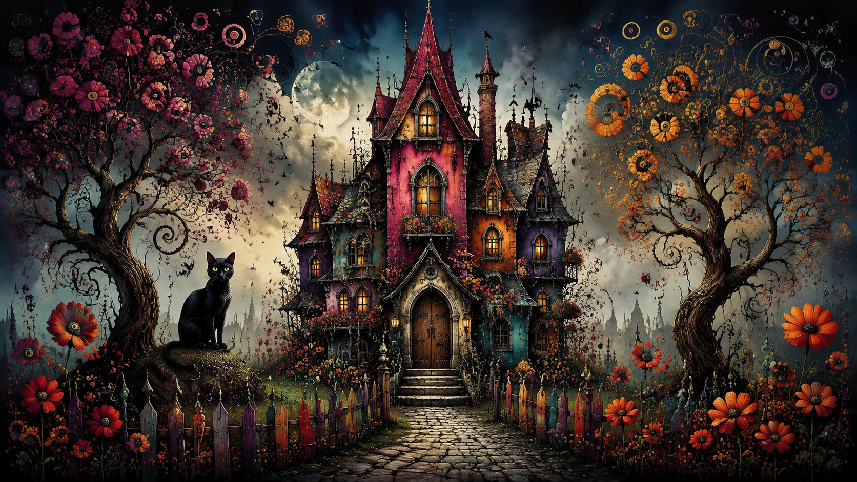 Whimsical Gothic Fantasy House With Red Roof And Flowers
