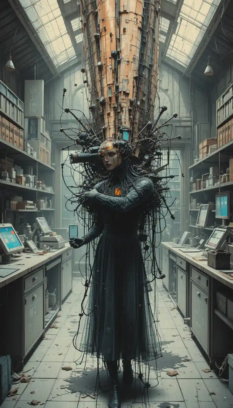 Surreal abstract laboratory with chaotic glitch aesthetics