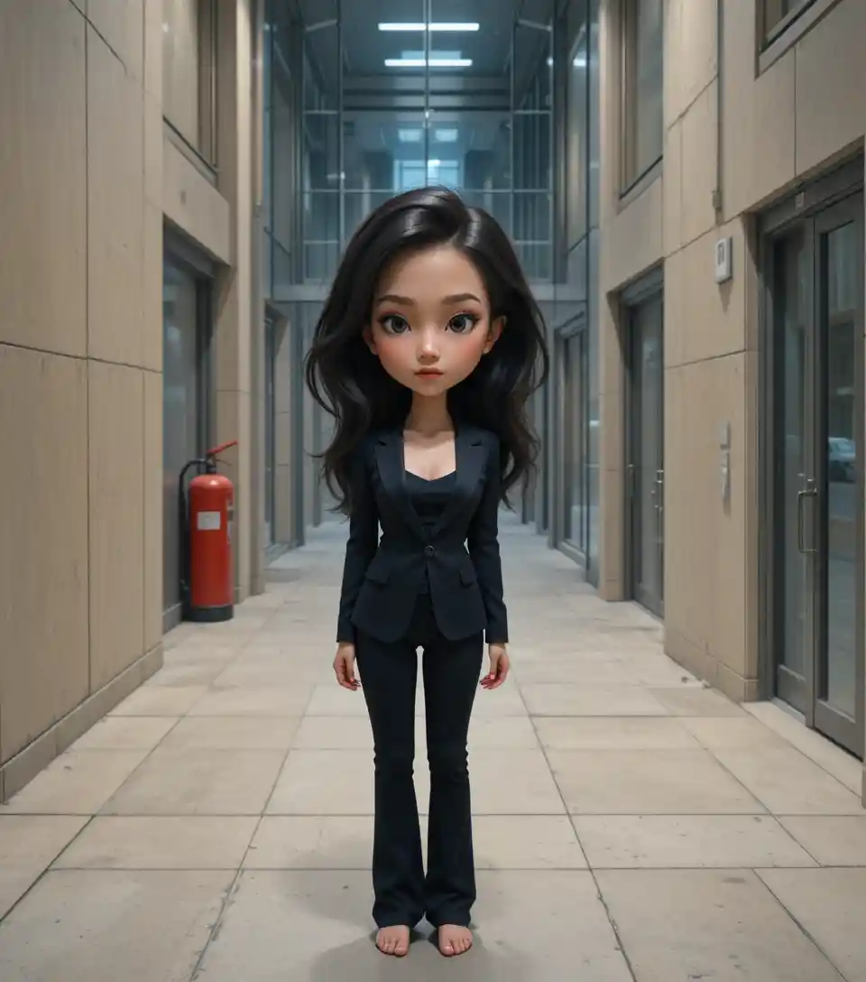 Asian woman in black blazer standing in modern hallway
