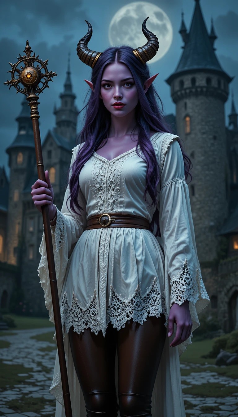 Purple horned girl with staff before medieval castle