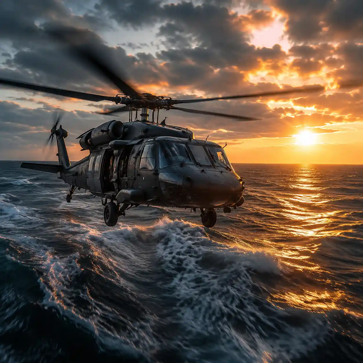 Military helicopter over rough ocean at golden sunset