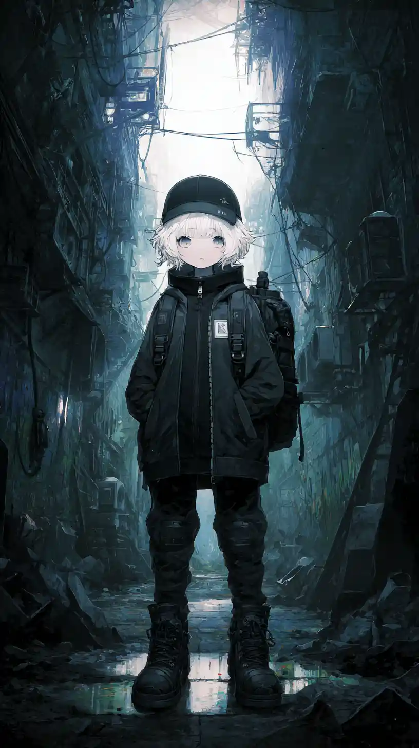 Anime boy in tactical gear walking through dark city alley