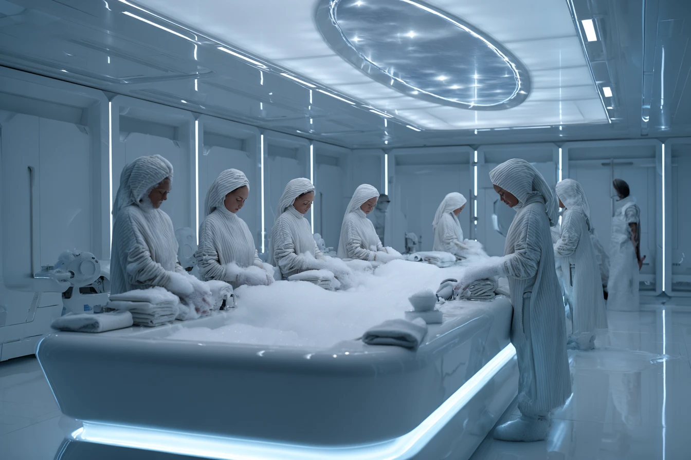 Tripulação feminina tomando banho em um banheiro claro de nave espacial sci‑fi