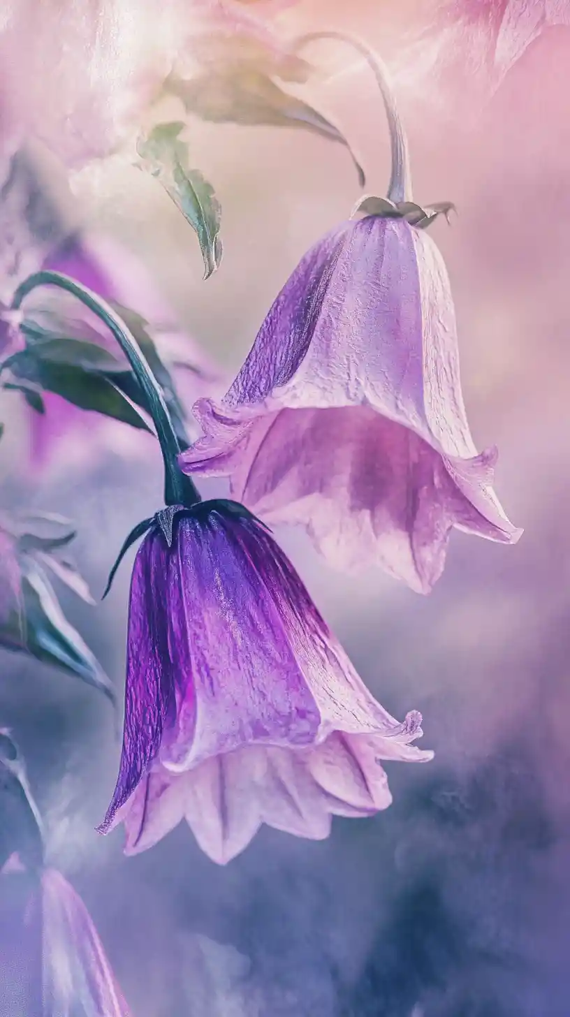 Drooping bell flowers against vibrant abstract painted background