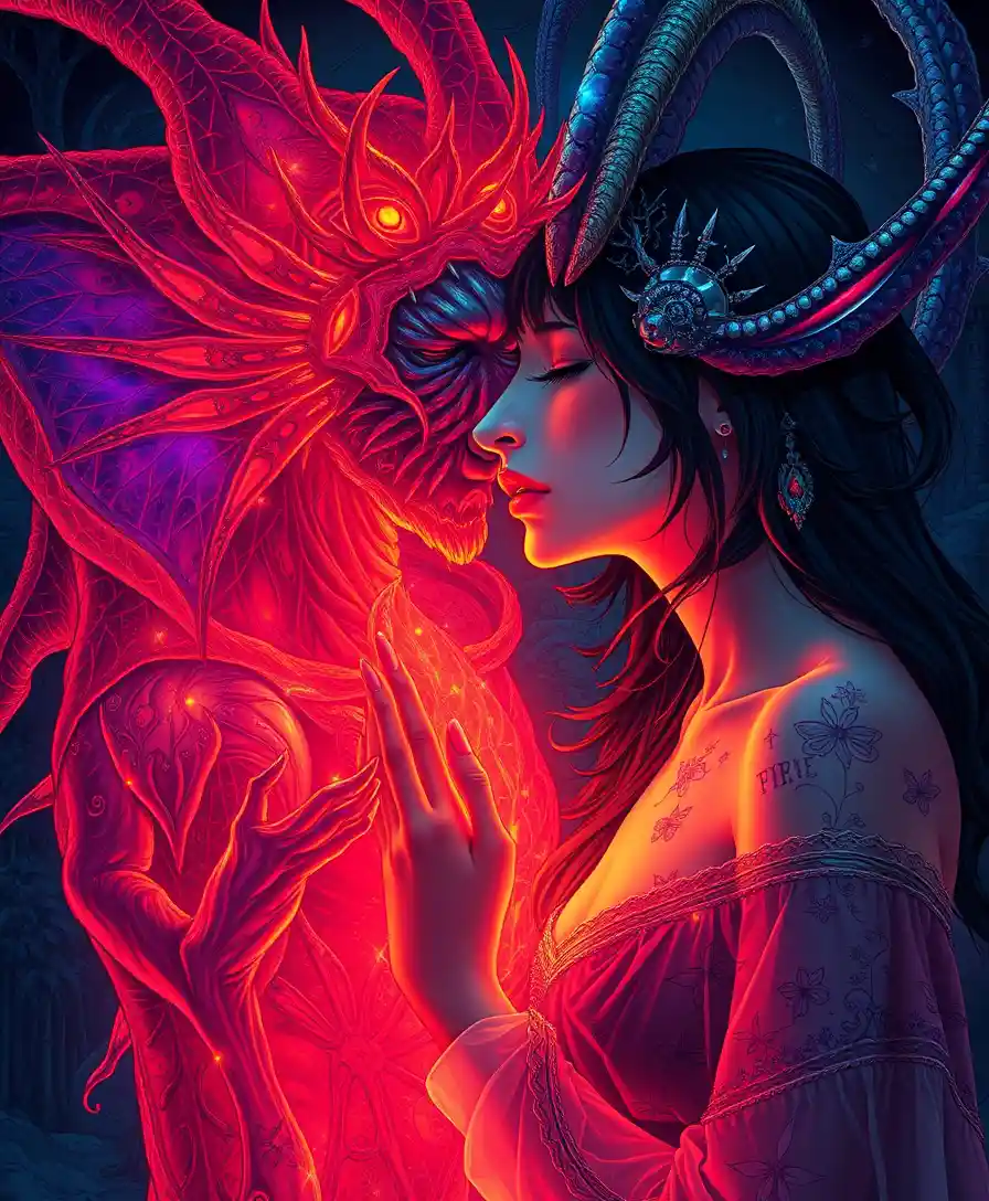 Surreal fantasy lovers sharing a gentle ethereal kiss