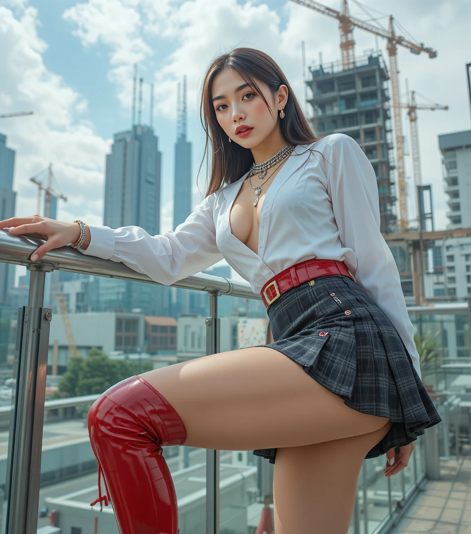 Confident woman posing on urban rooftop in schoolgirl style