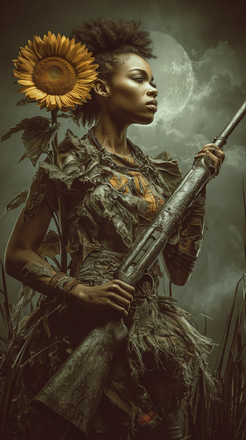 Afrofuturistische Kriegerin, die ein riesiges Sonnenblumen-Gewehr anlegt