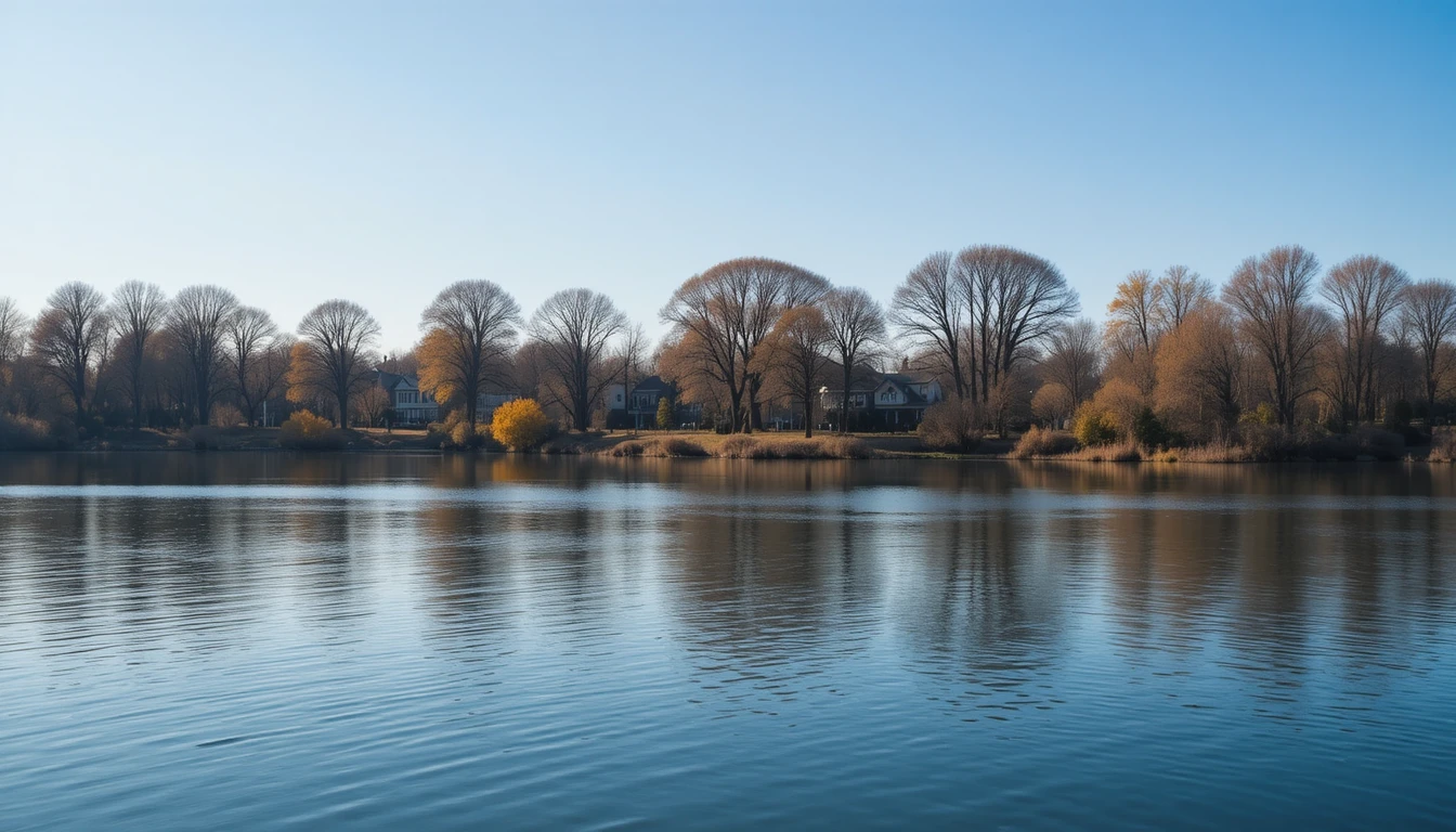 Calm riverside landscape with trees and distant houses