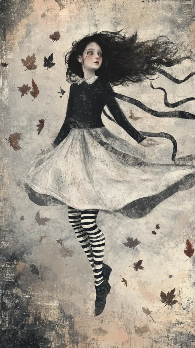 Young girl drifting upward in a whimsical gothic breeze