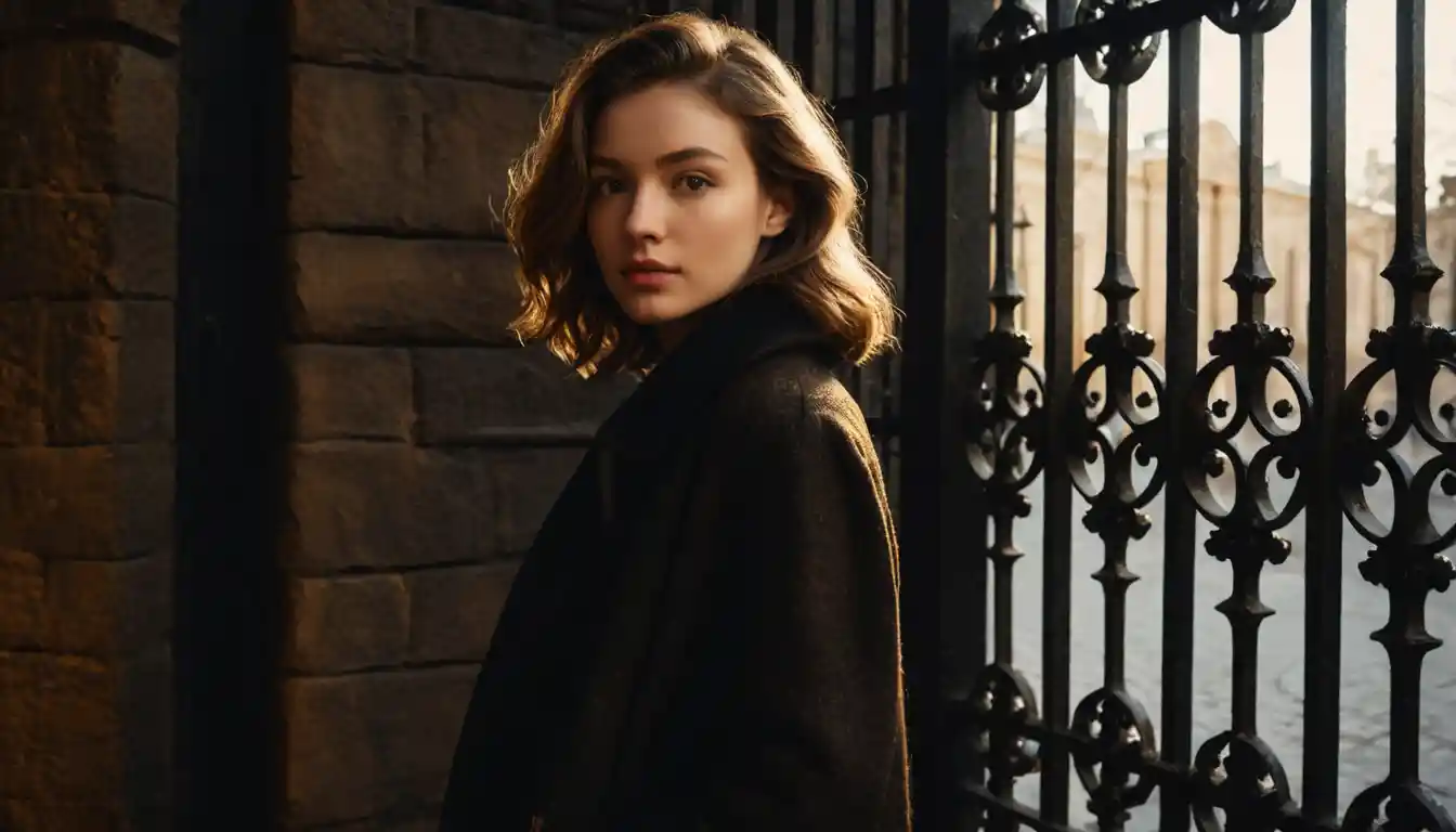 Young woman in coat by iron gate in dramatic light