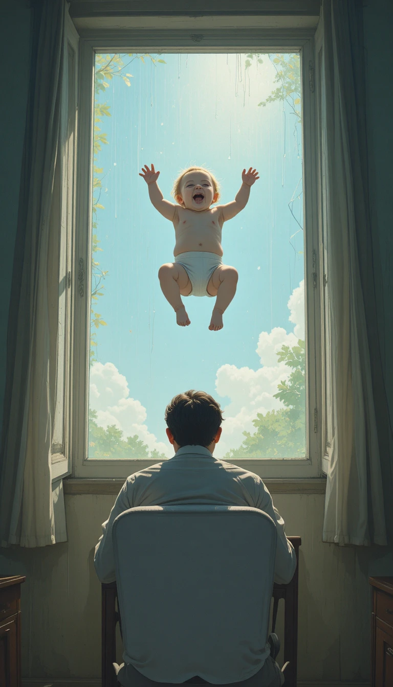 Dramatic 2D illustration of baby falling toward man below
