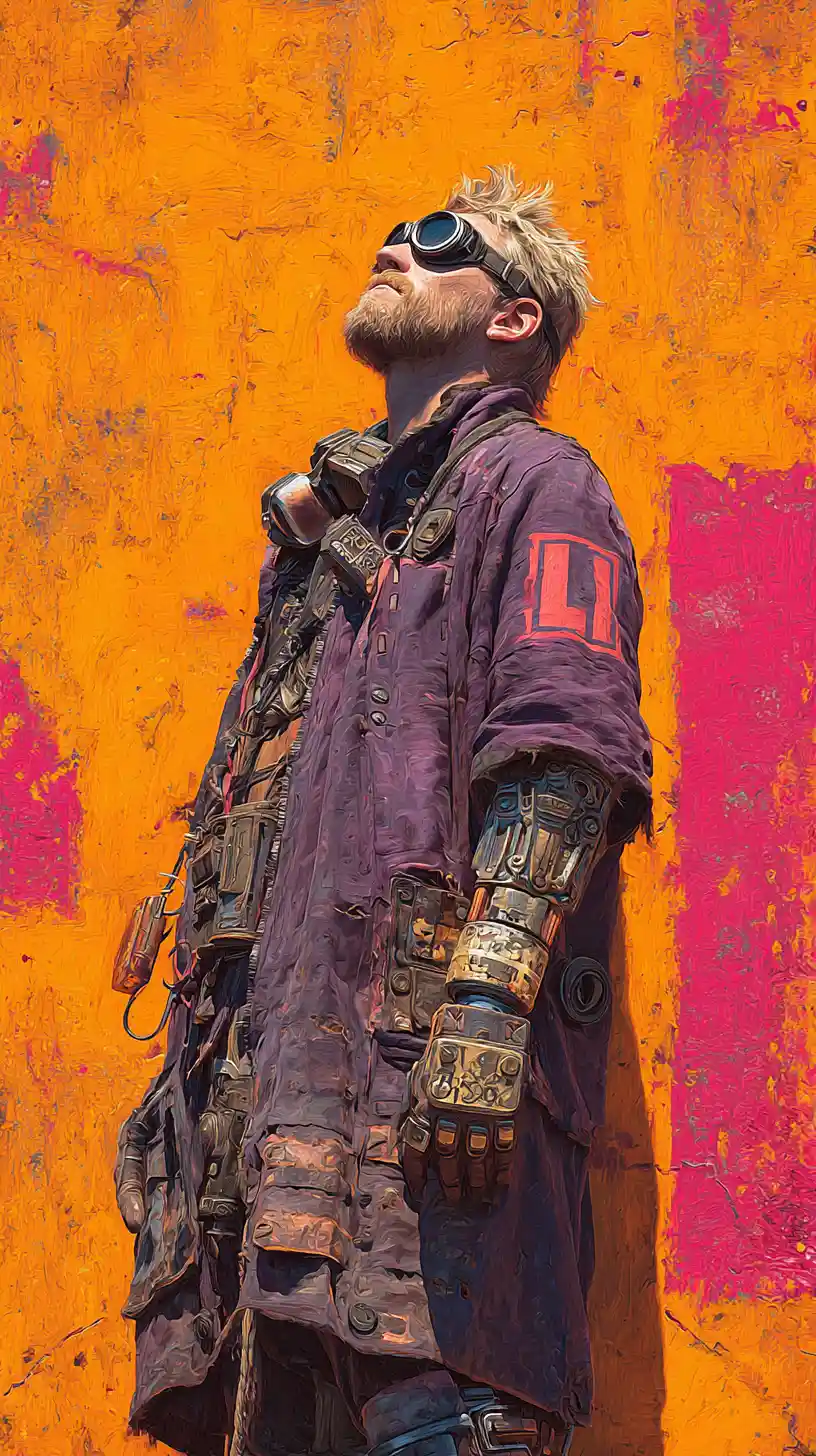 Steampunk survivor gazing upward against vivid orange wall