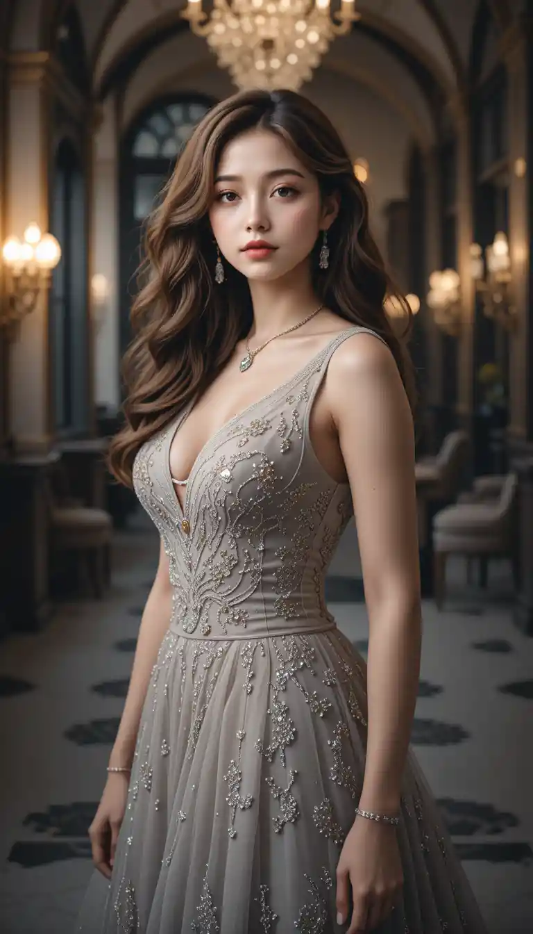 Elegant young woman in gown in a modern interior