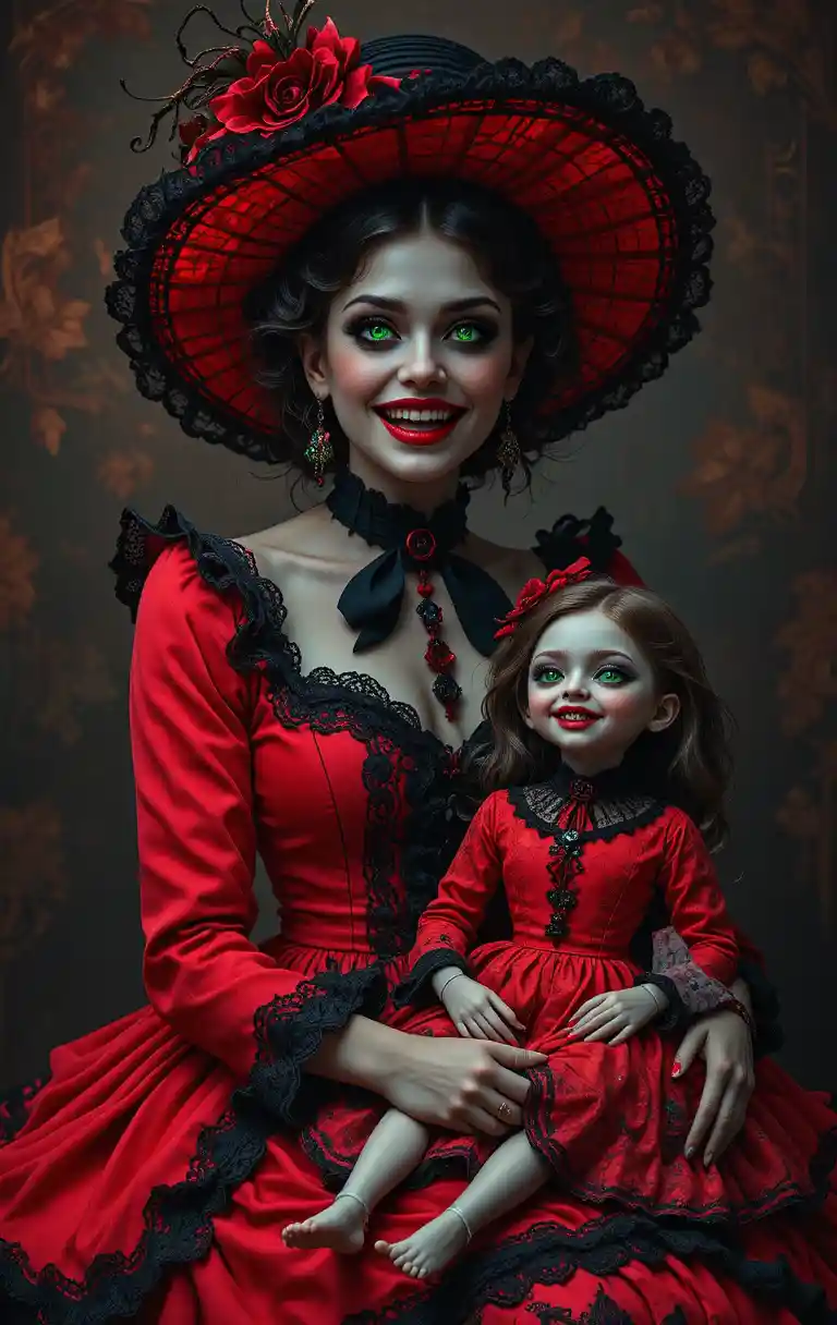 Creepy woman in red antique outfit with doll twin
