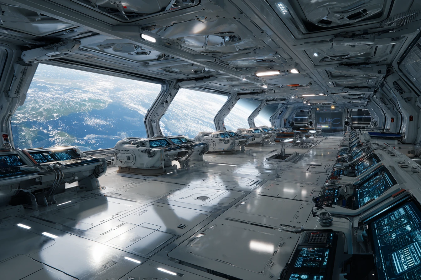 Female soldiers on a bright spaceship observation deck