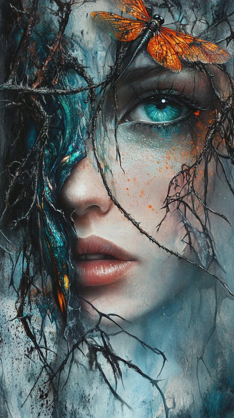 Surreal portrait emerging from a thorny mystical canvas
