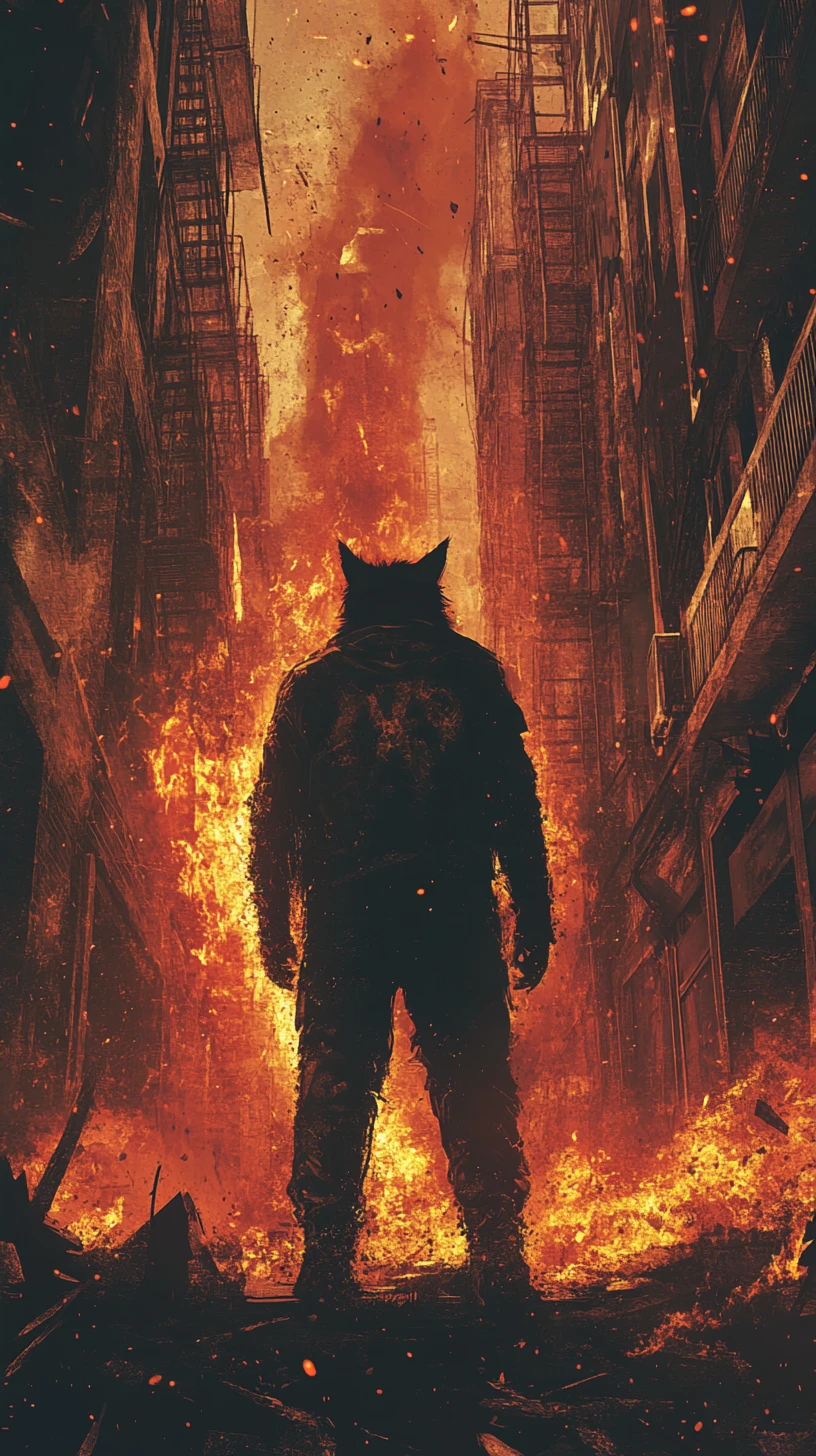 Anthropomorphic cat silhouette walking into burning city street