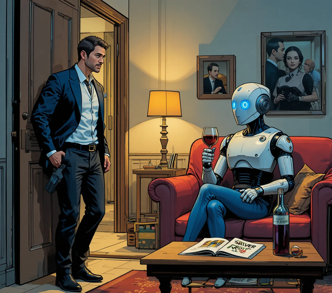 Woman sharing wine with humanoid robot on red sofa