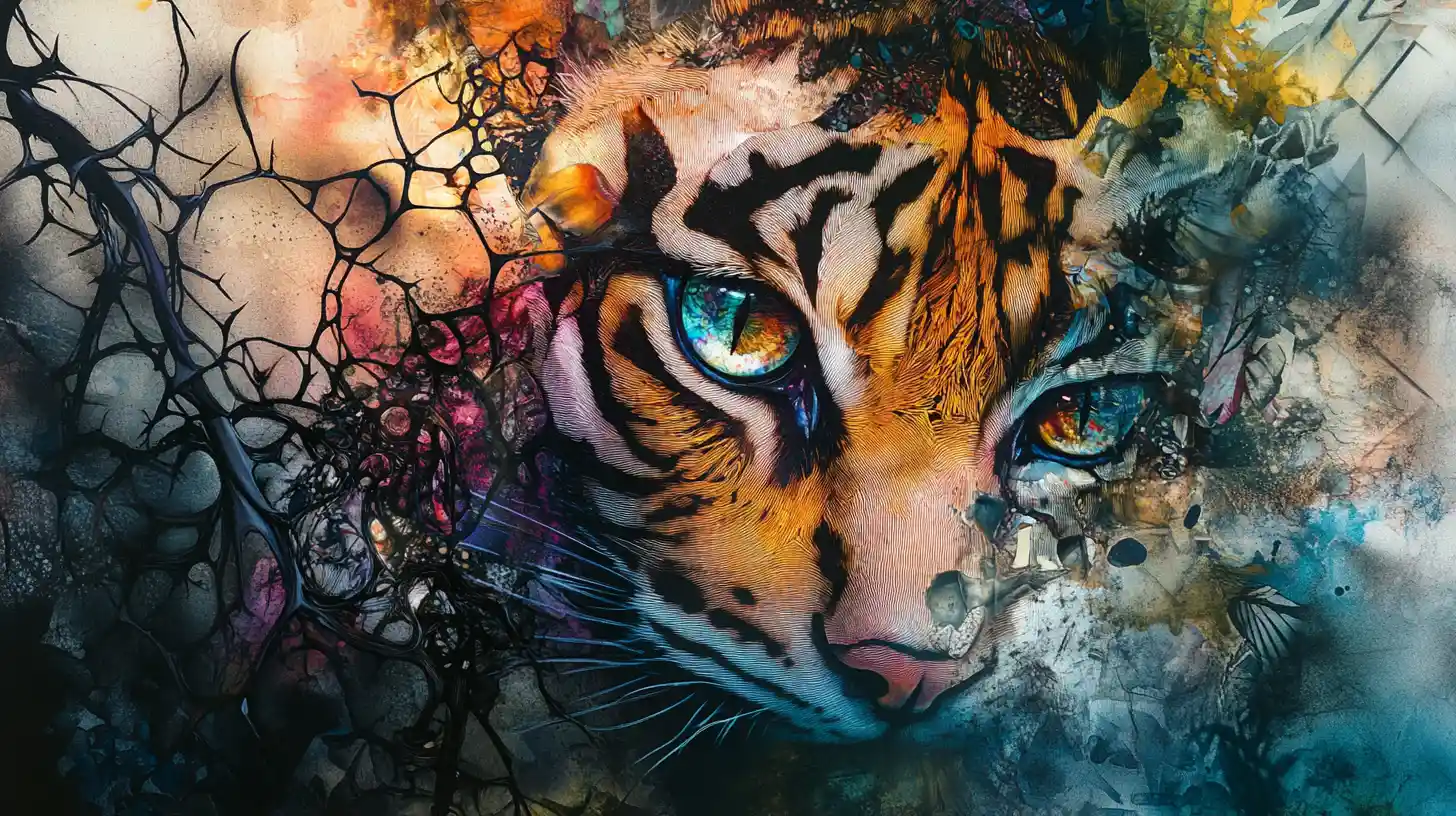 Ritratto surreale di gatto su tela astratta spinosa con motivo tigrato