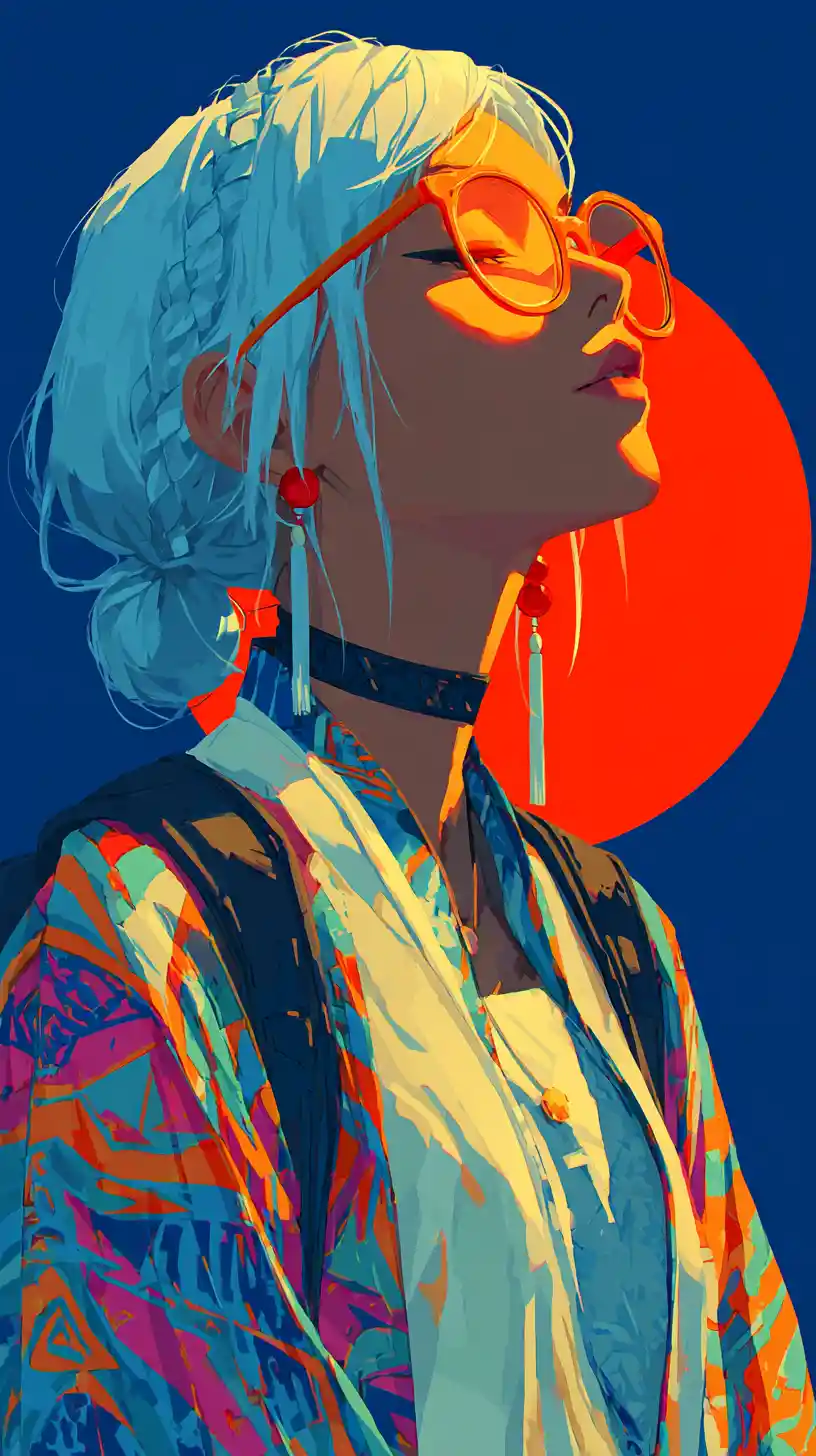 Serene anime girl in patterned kimono with glowing halo