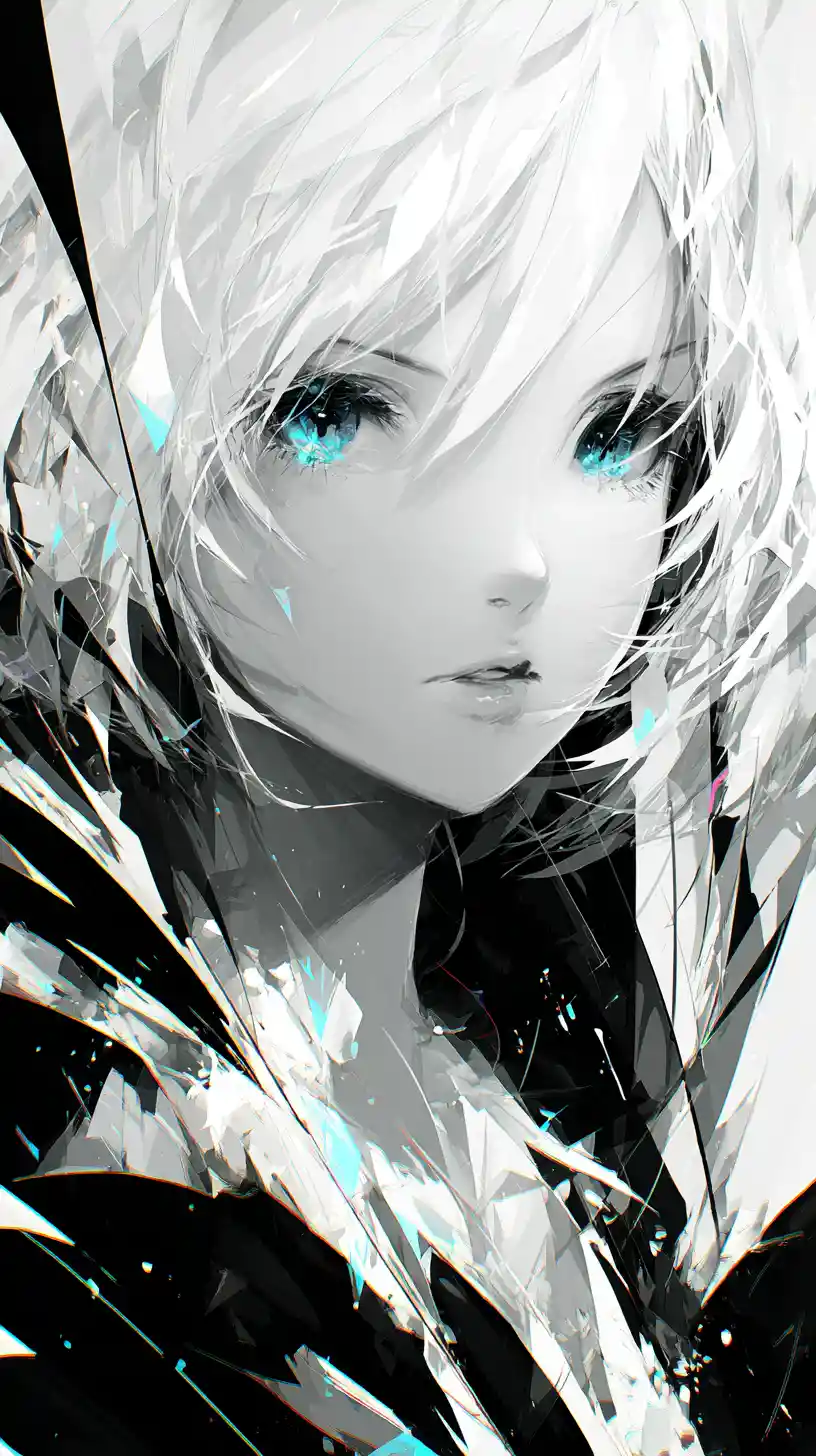Anime girl with glowing blue eyes in abstract contrast